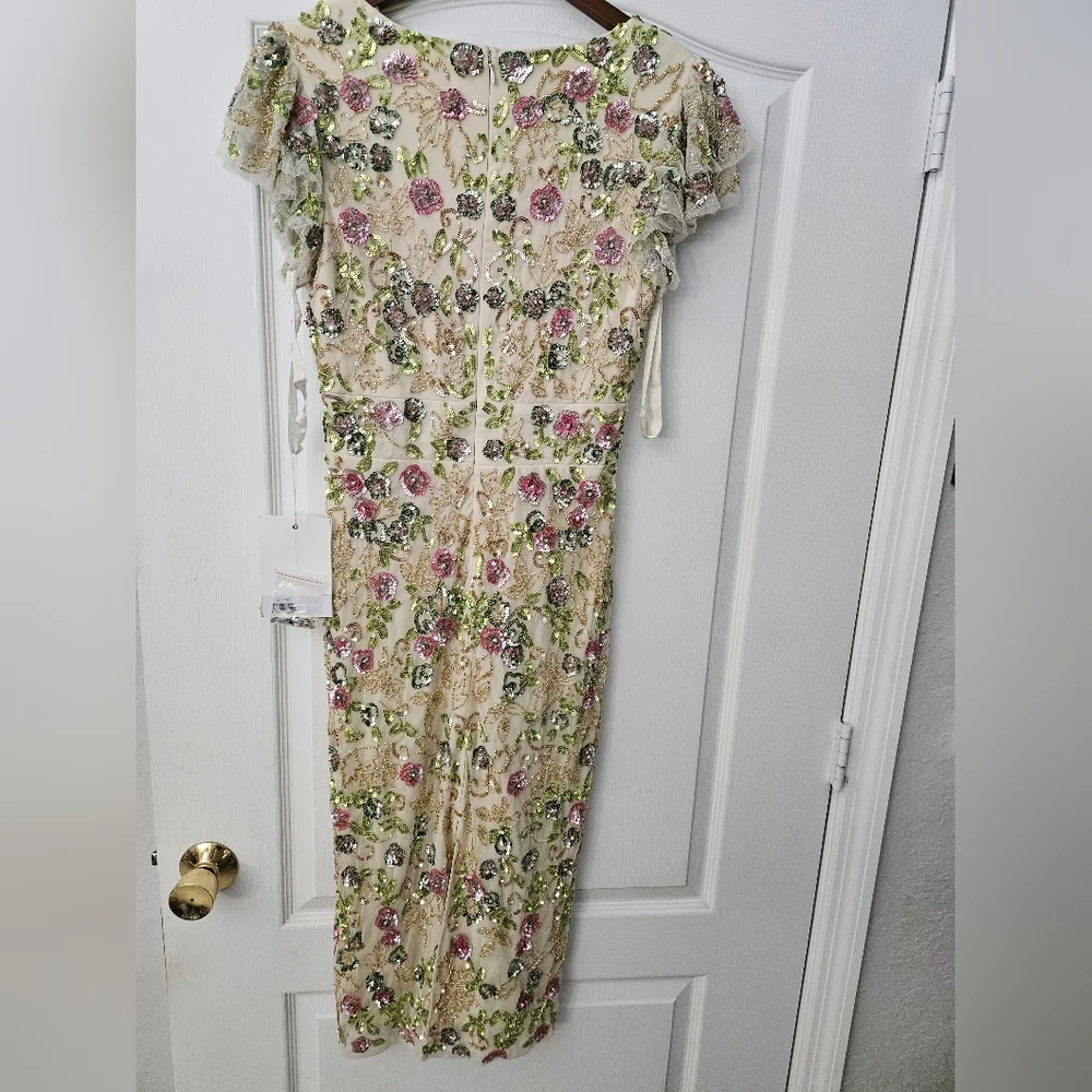 Mac Duggal Floral Embellished Flutter Cap Sleeve Dress in Ivory Sz 8 NWT - Picture 7 of 10